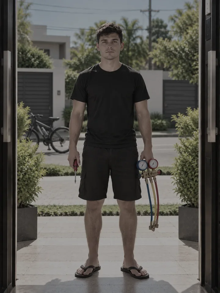 Sem o Clima Bot: o mesmo técnico de camiseta, bermuda e chinelo, só com o manifold e uma chave na mão
